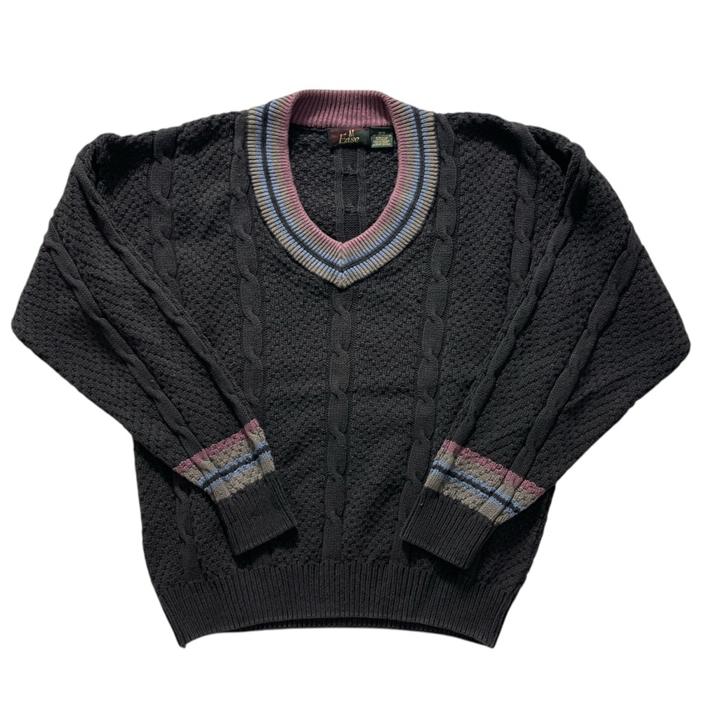 Elegant Black‎ V-Neck Sweater with Multicolor Trim